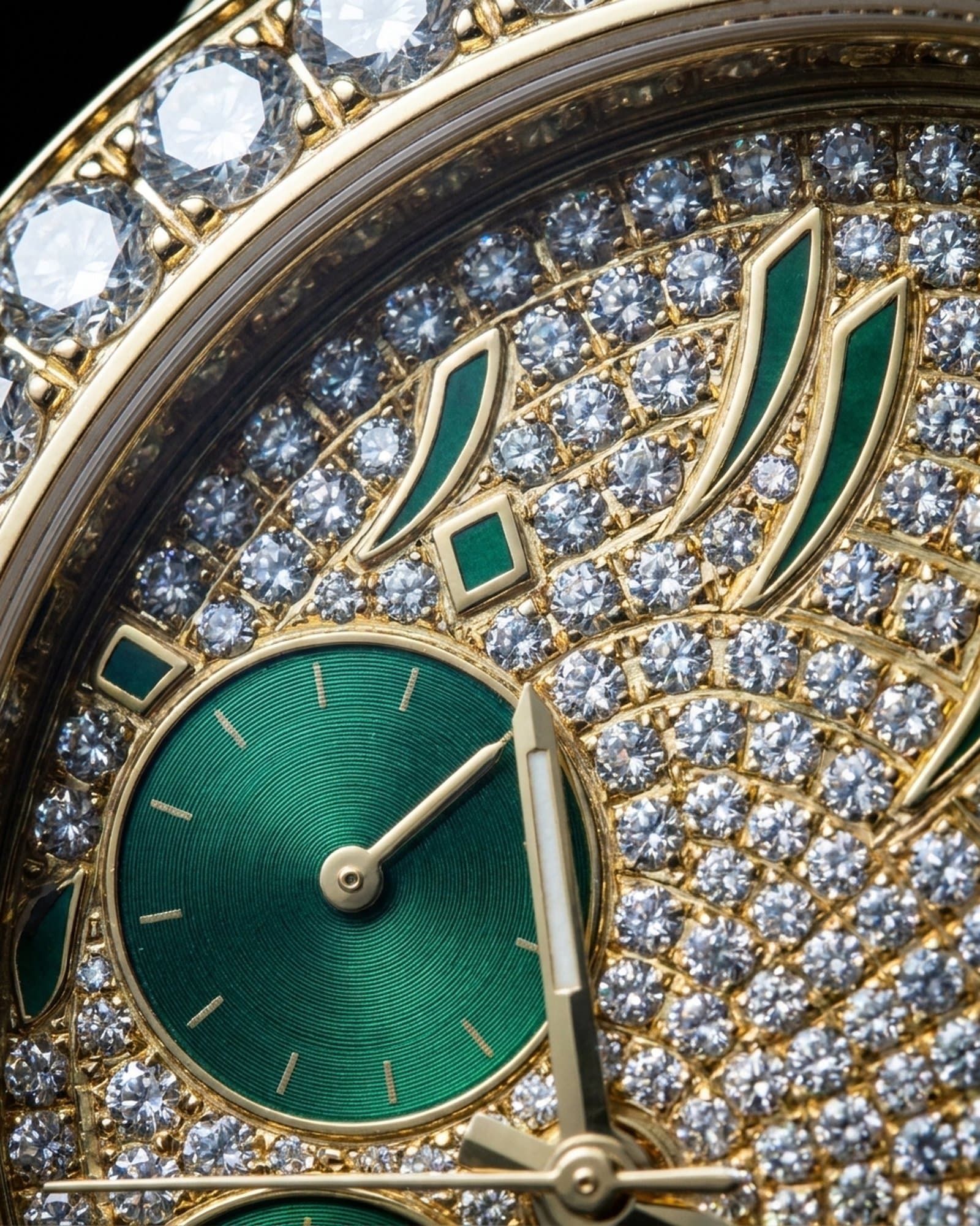 Close-up of the green sub-dials on the pave dial inside the set gold bezel