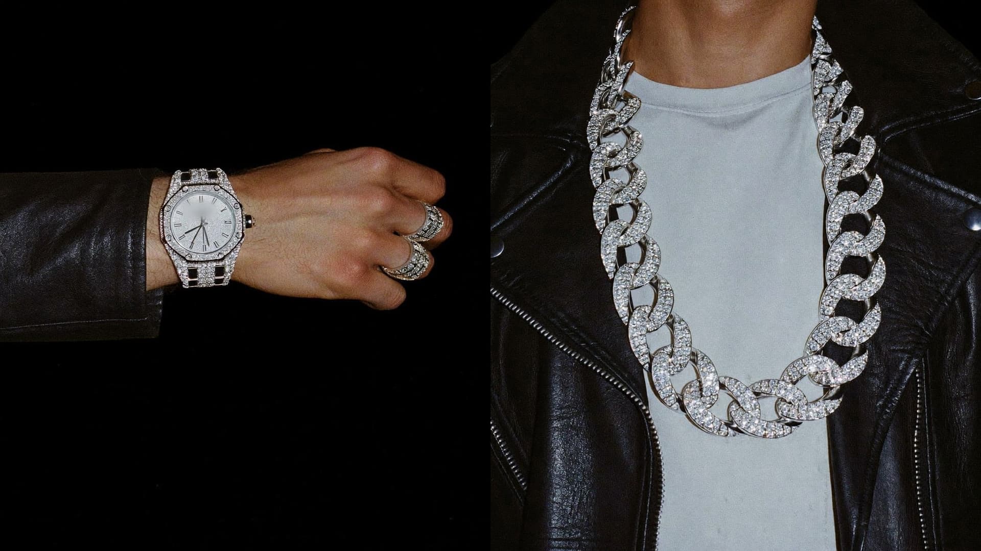 An iced cuban link chain and an iced octagon watch under a hard flash