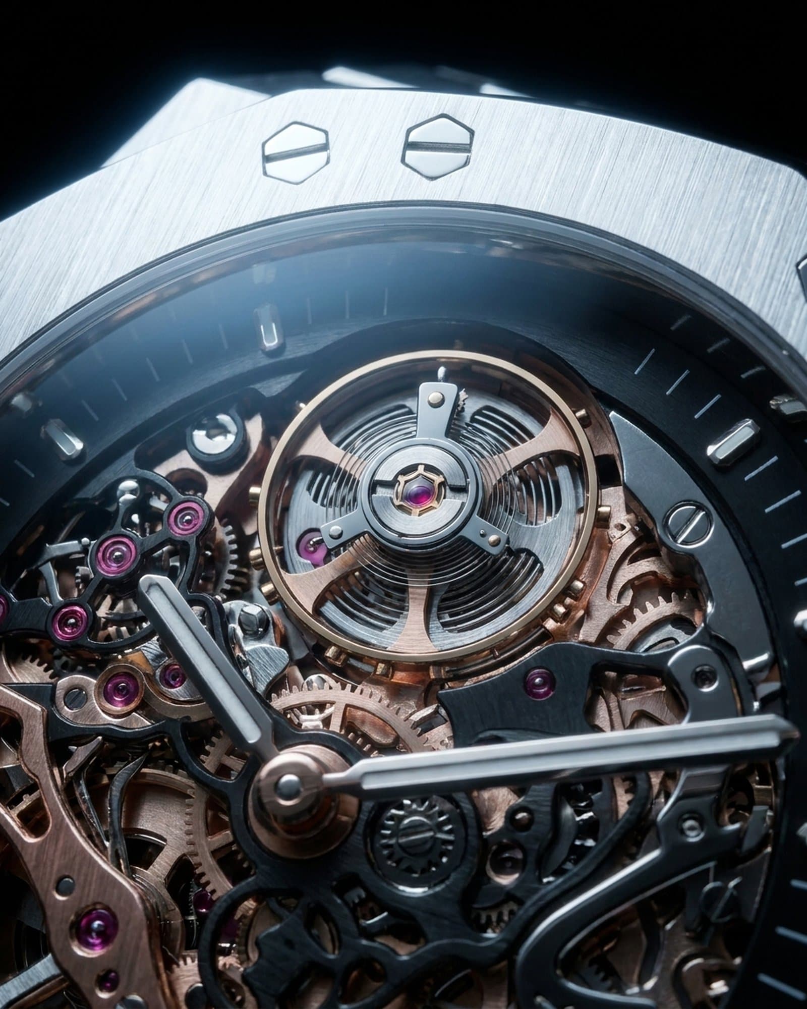 Close-up of the open-worked movement through the skeleton dial