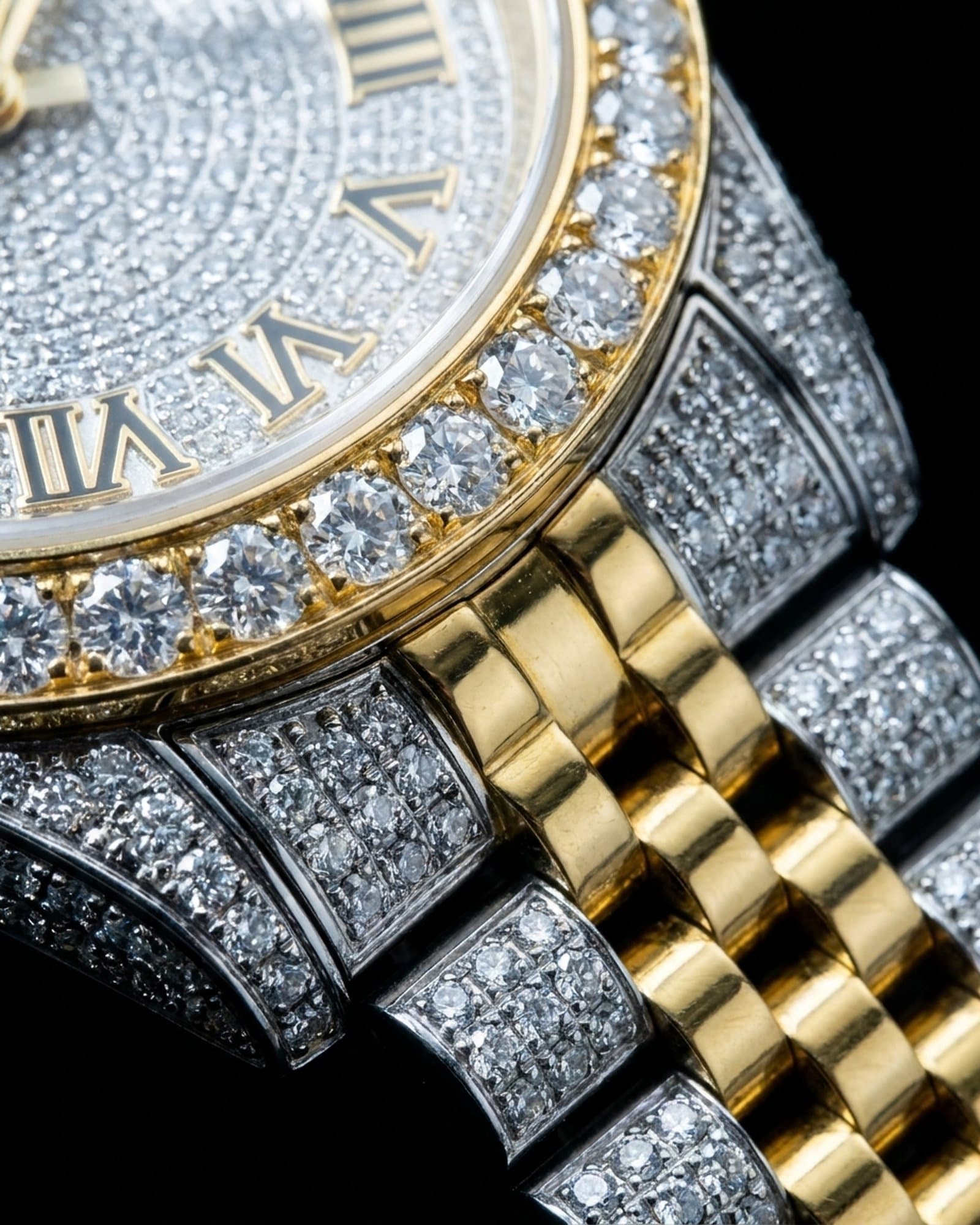 Close-up of the stone-set bezel and pave dial with Roman numerals