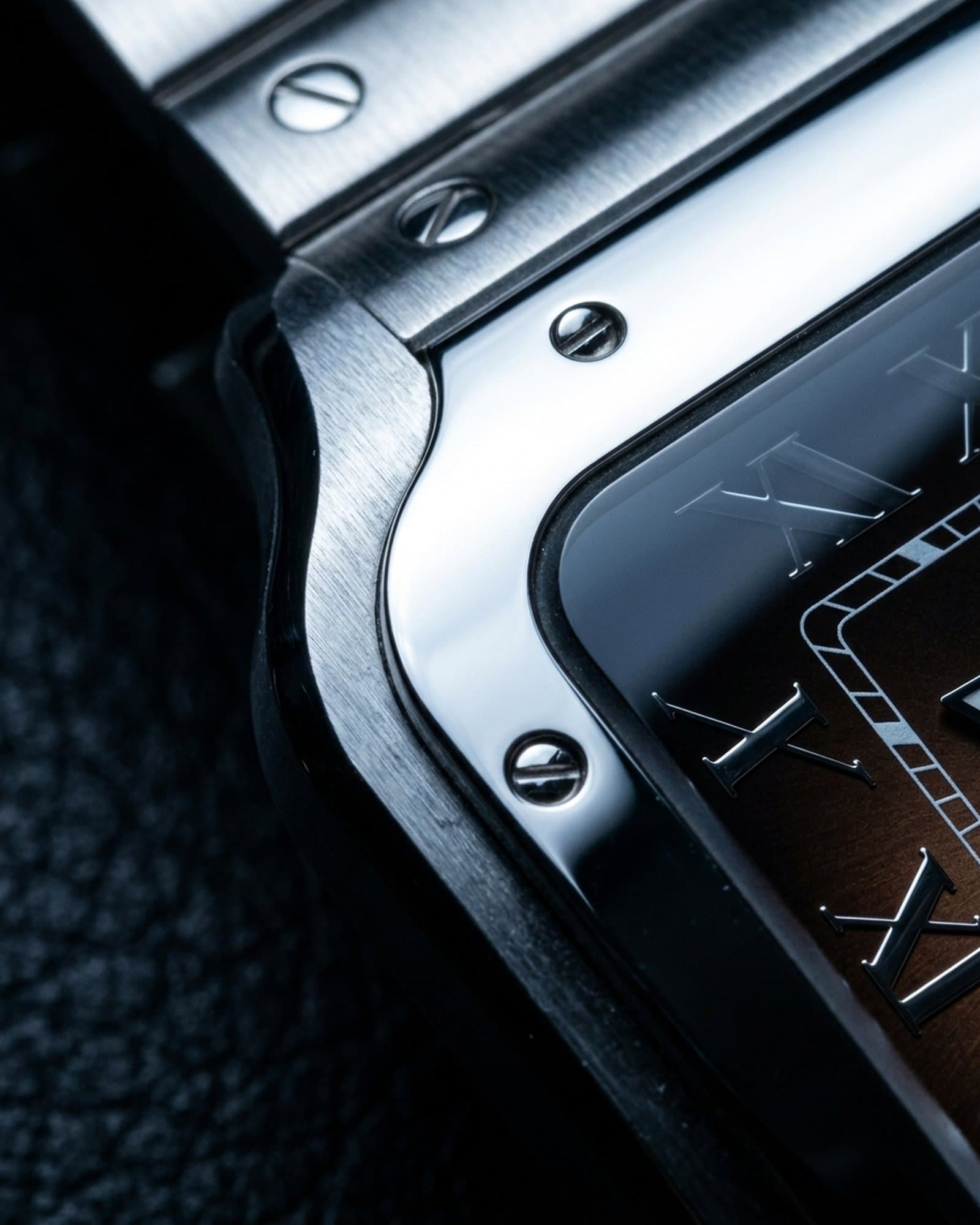 Close-up of the screwed bezel corner beside the brown dial