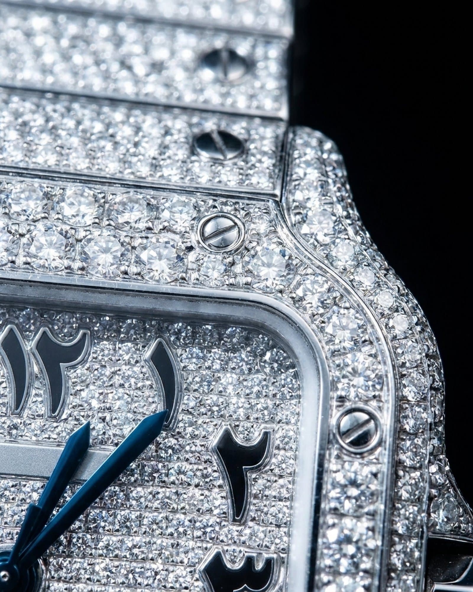 Close-up of the pave dial and set bezel corner