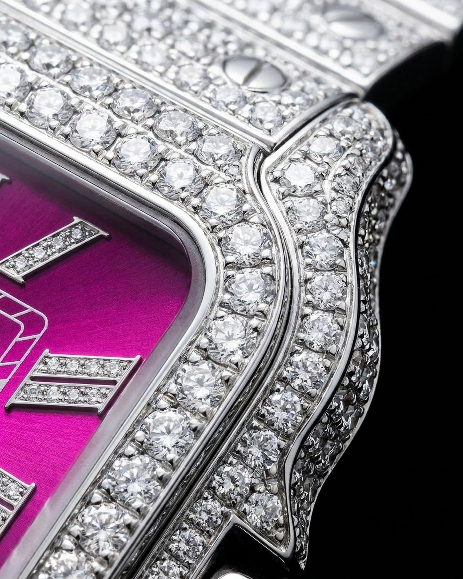 Close-up of the set bezel beside the pink dial