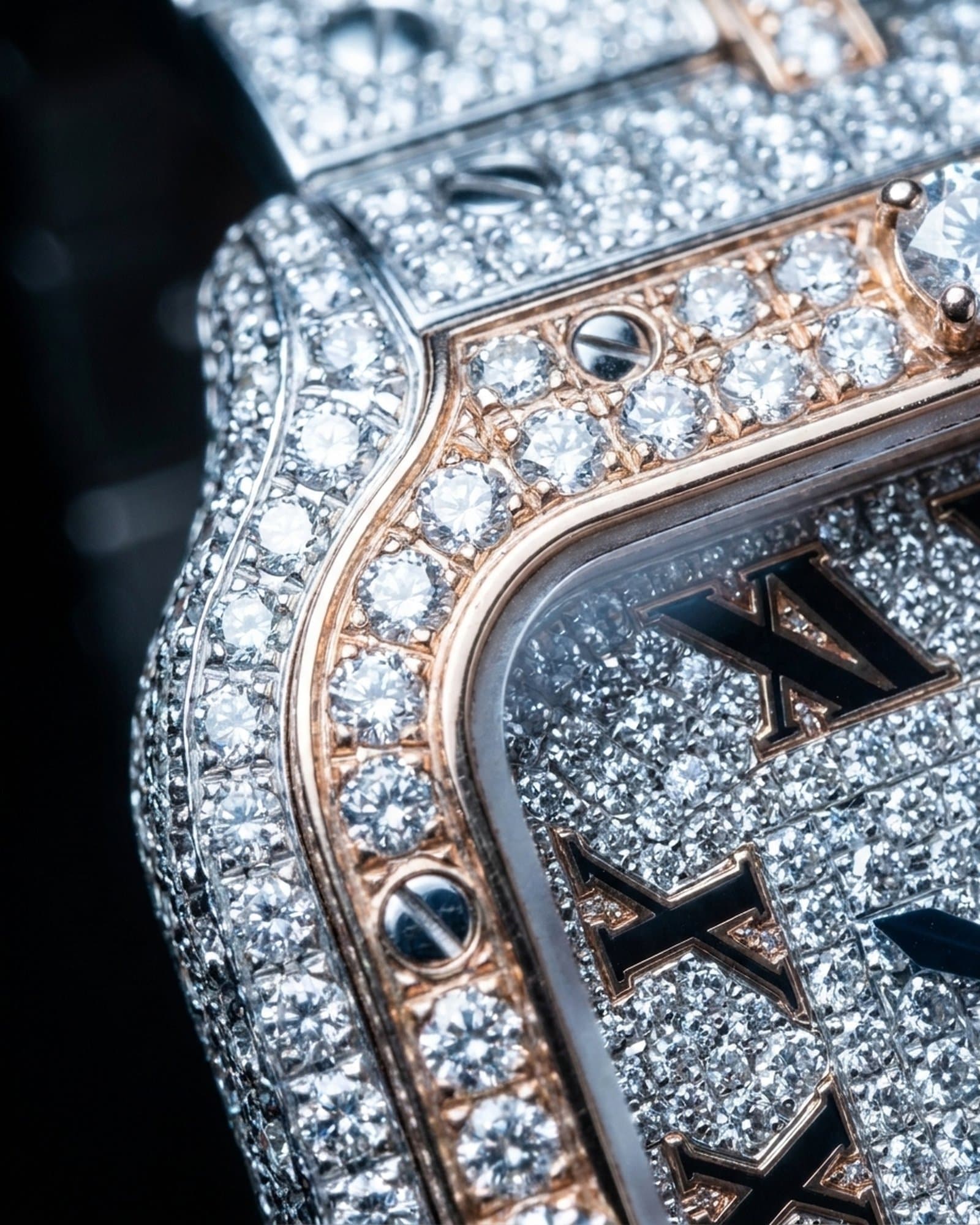 Close-up of the rose gold bezel frame over the set case