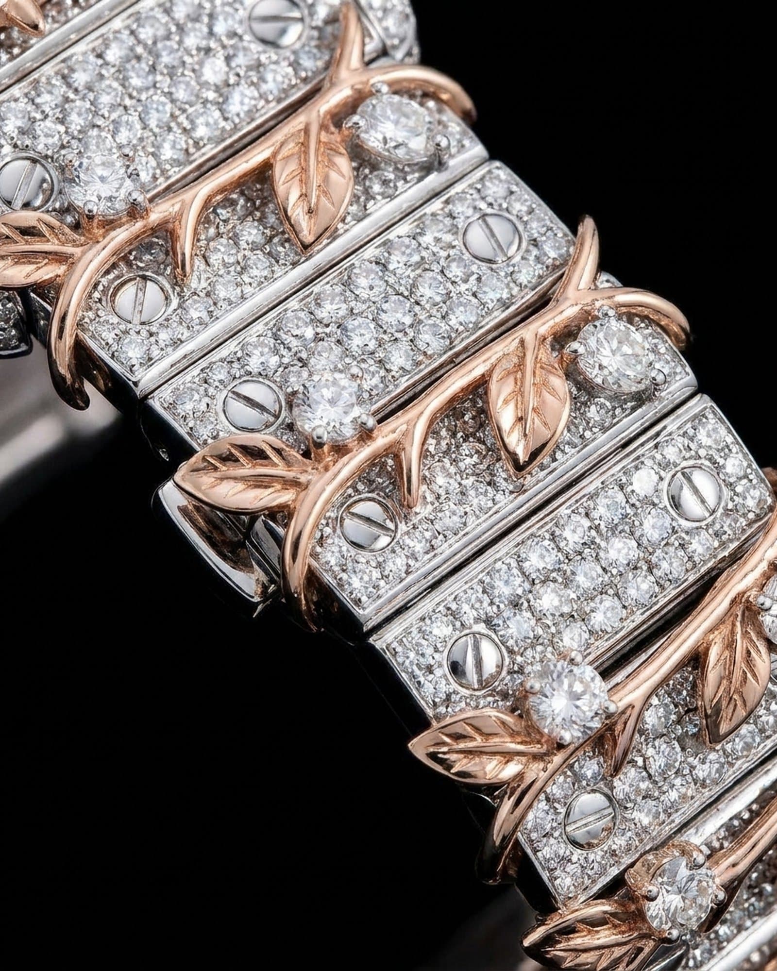 Close-up of the rose gold thorns crossing the set bezel