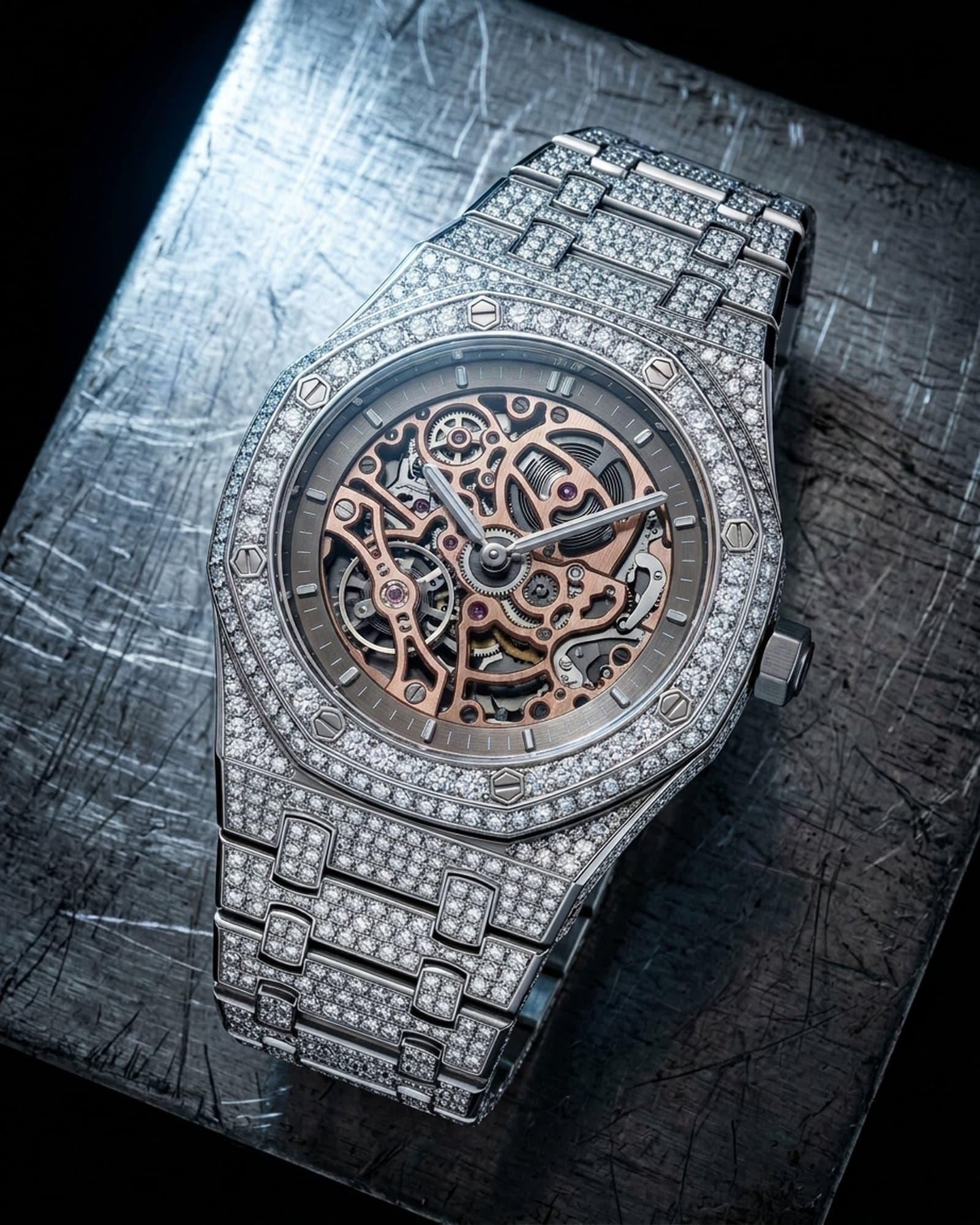Iced octagon skeleton watch with rose bridges lying on scratched steel