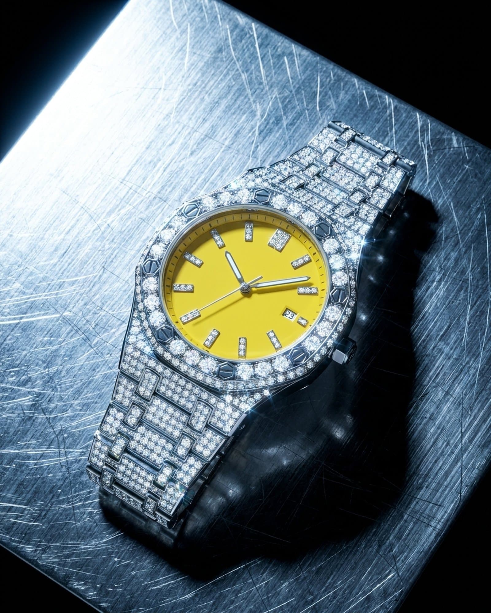 Iced octagon watch with a yellow dial lying on scratched steel