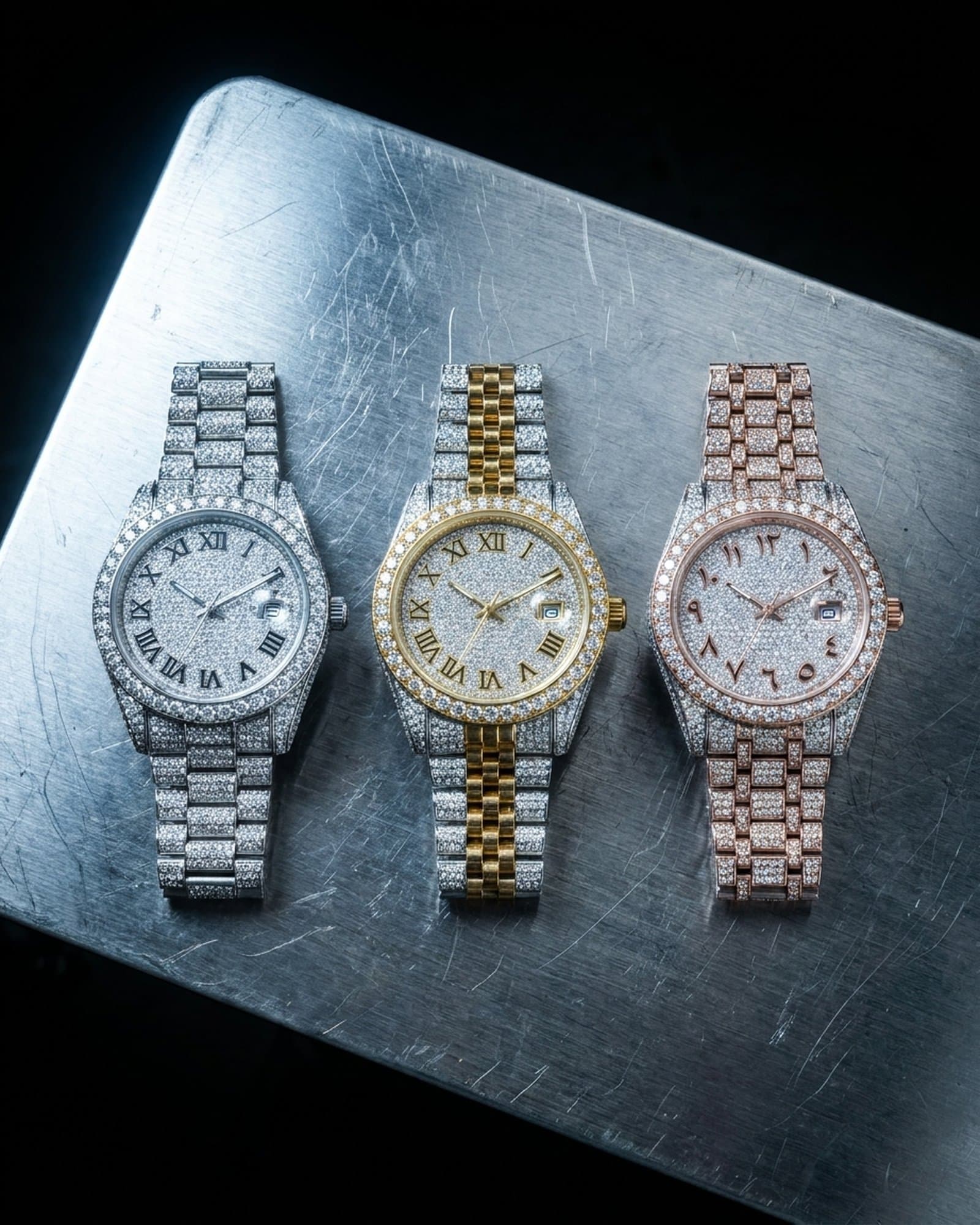 Three iced round watches with pave dials in silver, two-tone, and rose two-tone in a row on scratched steel