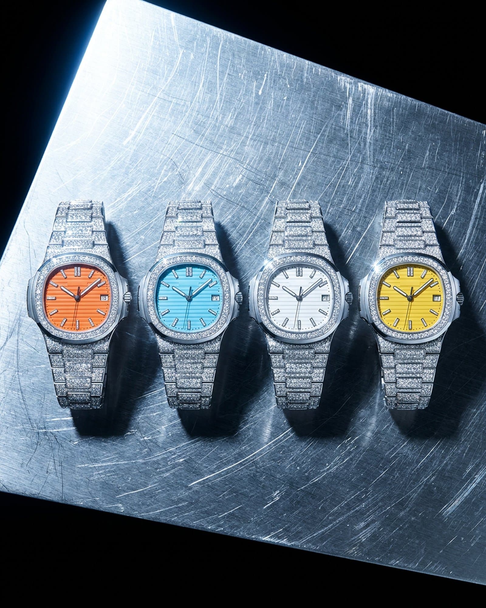 Four sport watches with orange, sky blue, white, and yellow dials in a row on scratched steel
