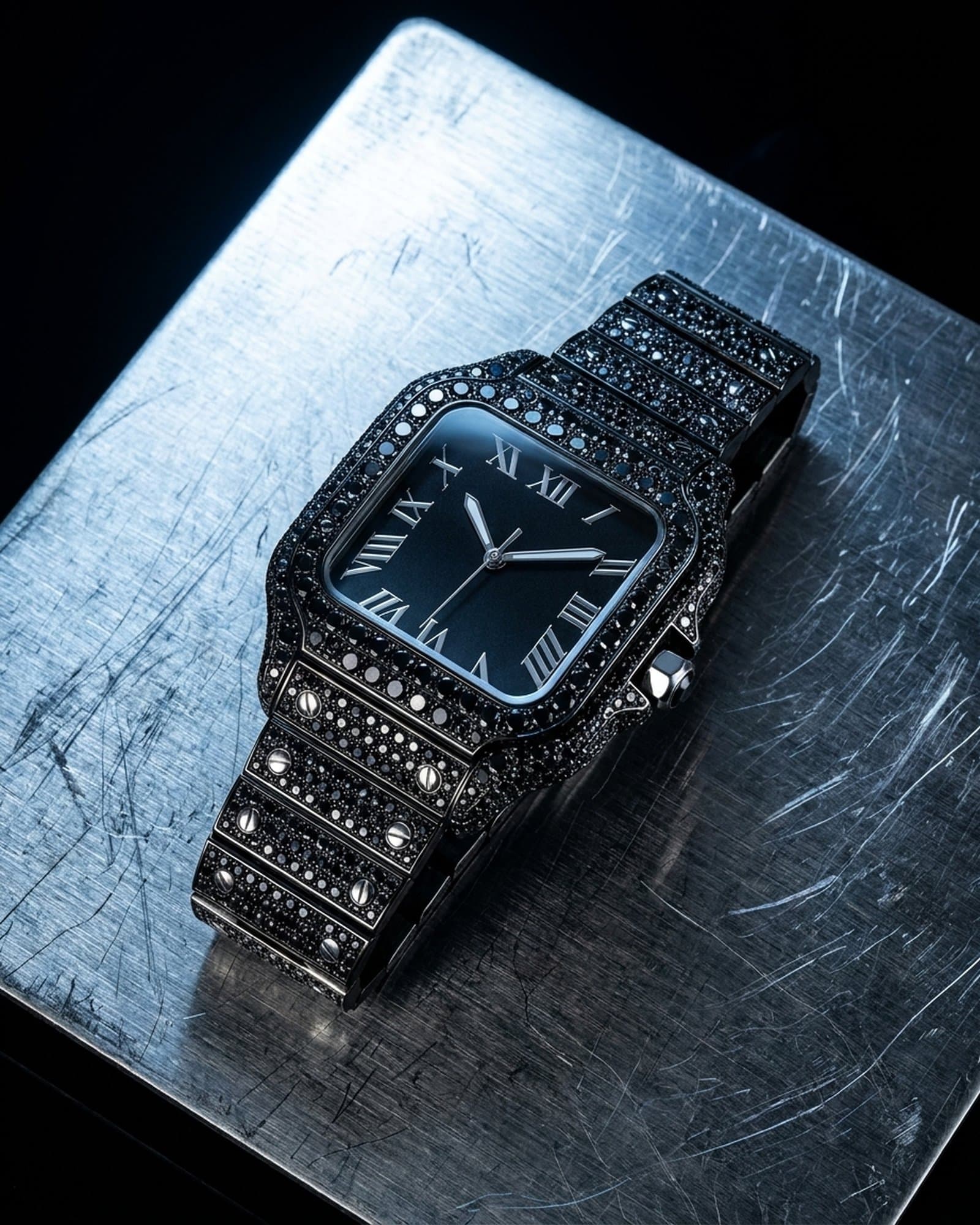 Blackout square watch lying on scratched steel under a cold light