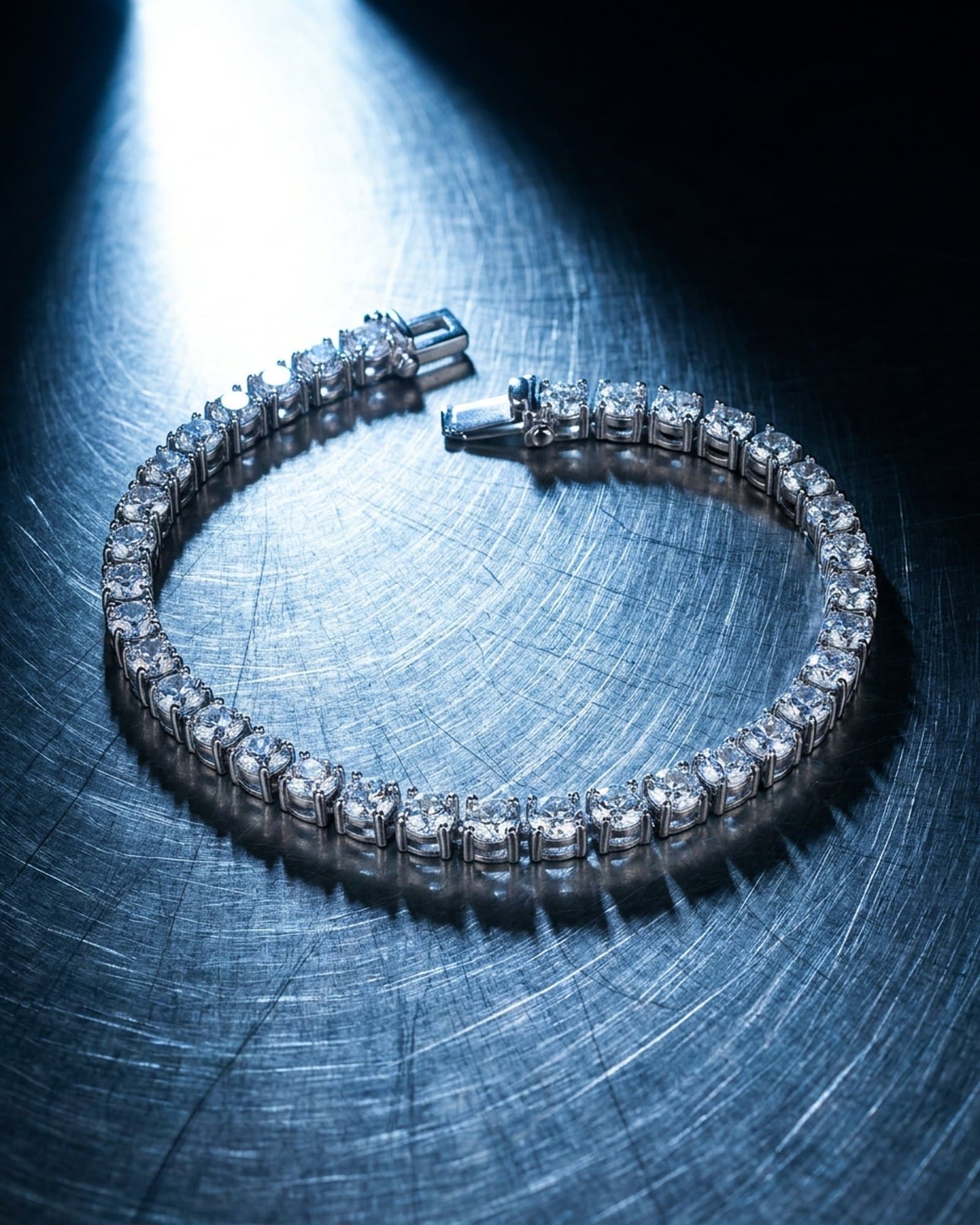 Tennis bracelet in a loose circle on scratched steel