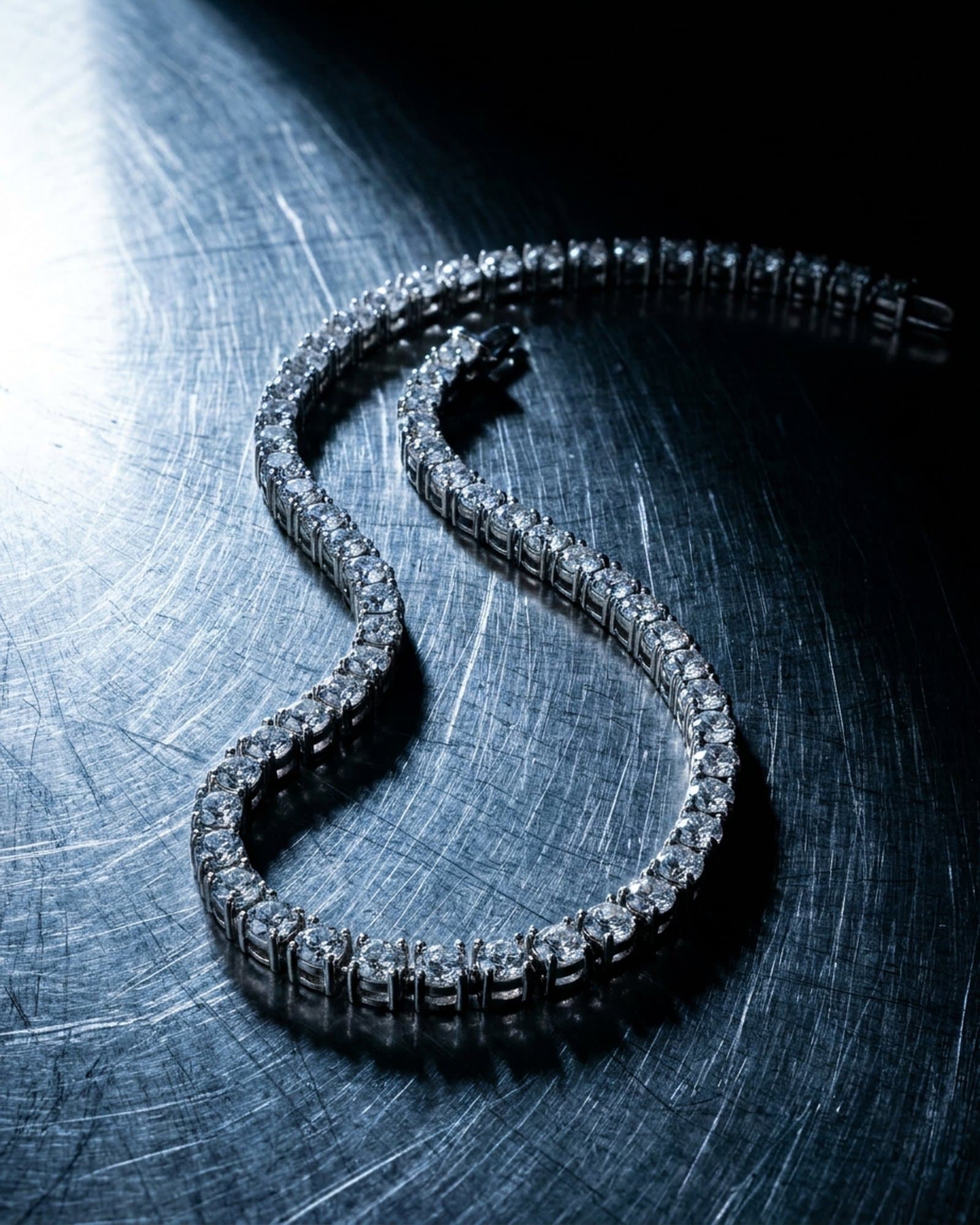 Tennis chain laid in a loose line on brushed steel