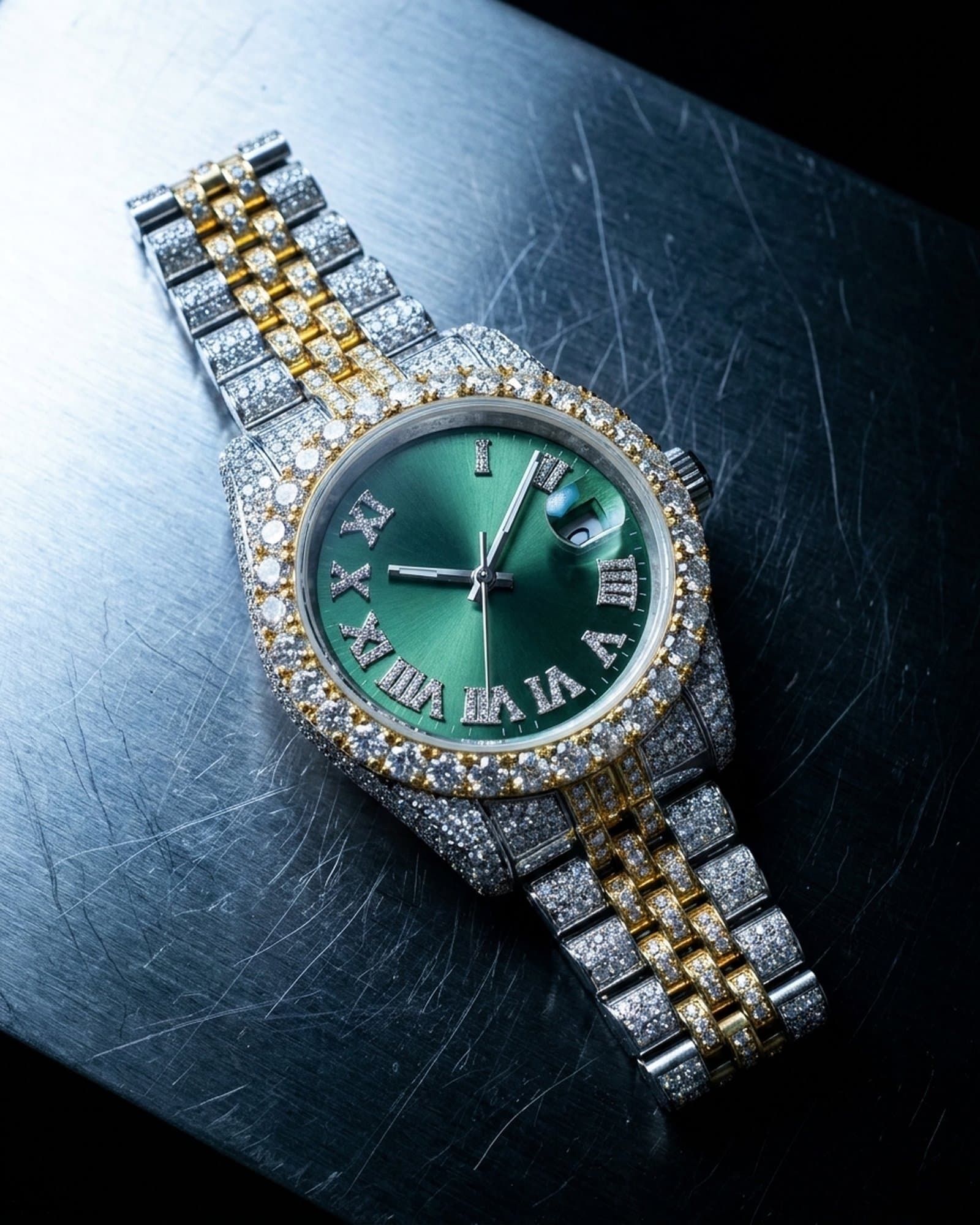 Two-tone watch with a green dial lying on scratched steel under a cold light